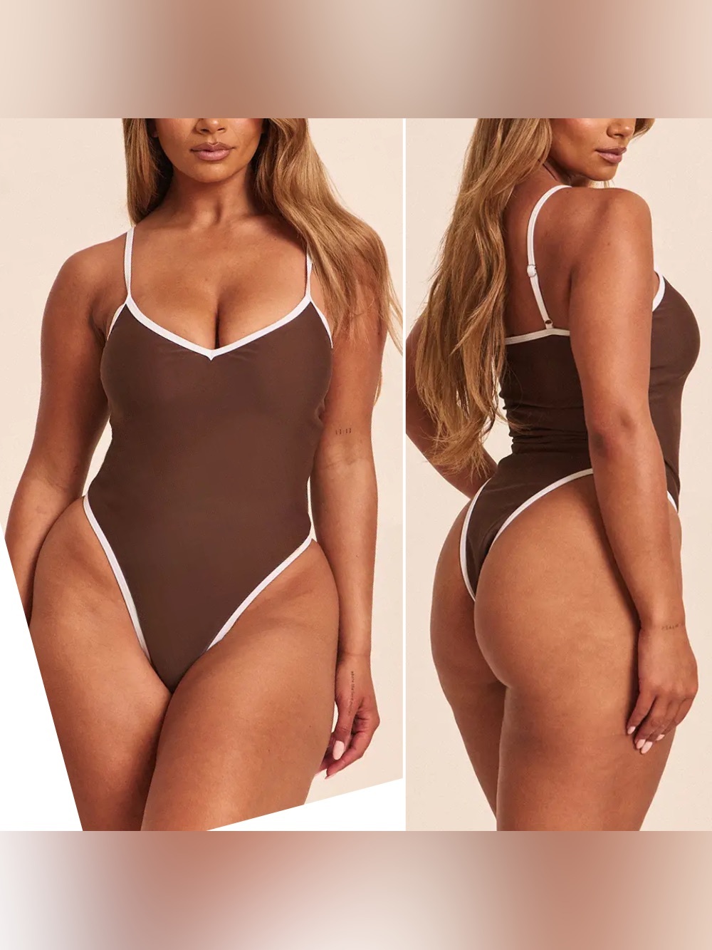NEW PLT Shape Chocolate Contrast Trim High Cut Leg Cheeky One Piece Swimsuit